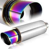 JDM N1 Style Universal 2.5" Inlet 4" Outlet Deep And Smooth Tone, Removable Silencer Pre-attached, Weld-On T-304 Exhaust Slant Tip High Flow Muffler -Rainbow Burnt Tip