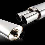 DTM Dual Tip Style Universal 3" Inlet 3" Outlet Deep And Smooth Tone Weld-On T-304 Exhaust High Flow Dual Tip Muffler -Chrome