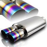 DTM Dual Slant Tip Style Universal 2.5" Inlet 3" Outlet Deep And Smooth Tone Weld-On T-304 Exhaust High Flow Dual Tip Muffler -Rainbow Burnt Tip