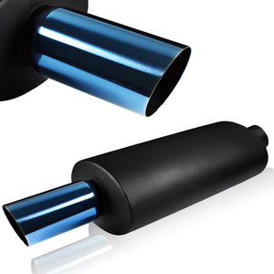 DTM Slant Tip Style Universal 2.5" Inlet 3" Outlet Deep And Smooth Tone Weld-On T-304 Exhaust High Flow Black Ceramic Coated Muffler -Blue Tip