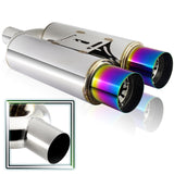 DTM Dual Body Tip Style Universal 2.5" Inlet 3.5" Outlet Deep And Smooth Tone Weld-On T-304 Exhaust High Flow Dual Tip Muffler -Rainbow Burnt Tip