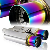 DTM Dual Body Tip Style Universal 2.5" Inlet 3.5" Outlet Deep And Smooth Tone Weld-On T-304 Exhaust High Flow Dual Tip Muffler -Rainbow Burnt Tip