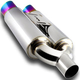 DTM Dual Body Slant Tip Style Universal 2.5" Inlet 3.5" Outlet Deep And Smooth Tone, Removable Silencer Pre-attached, Weld-On T-304 Exhaust High Flow Dual Tip Muffler -Rainbow Burnt Tip