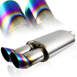 DTM Dual Angle Tip Style Universal 2.5" Inlet 3" Outlet Deep And Smooth Tone Weld-On T-304 Exhaust Muffler -Rainbow Burnt