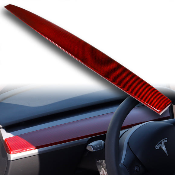 For 2017 - 2023 Tesla Model 3 / Model Y Real Carbon Fiber Dashboard Panel Interior Trim Strip Wrap Cover -Red Carbon Fiber