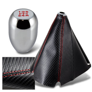 Universal Chrome 5-Speed Shifter Shift Knob + Red Stitch Carbon Fiber Look Leather Manual Shifter Boot