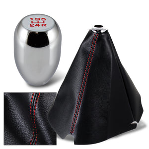 Universal Chrome 5-Speed Shifter Shift Knob + Red Stitch Leather Manual Shifter Boot