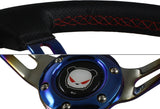 350mm 6-Bolt Hole Black Leather Red Stitch Grip With Titanium Blue 3-Spoke Racing Steering Wheel