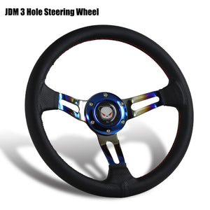 350mm 6-Bolt Hole Black Leather Red Stitch Grip With Titanium Blue 3-Spoke Racing Steering Wheel