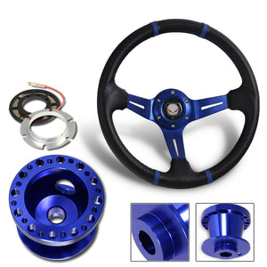 For 1990-1996 Nissan 300ZX 350mm Blue / Carbon PVC Leather Steering Wheel + Blue Aluminum Hub