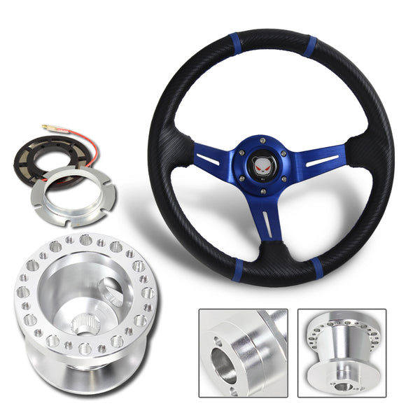 For 2004-2011 Mazda RX-8 350mm Blue / Carbon PVC Leather Steering Wheel + Silver Aluminum Hub