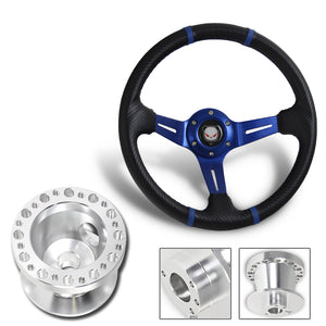 For 1998-2002 Honda Accord 350mm Blue / Carbon PVC Leather Steering Wheel + Silver Aluminum Hub