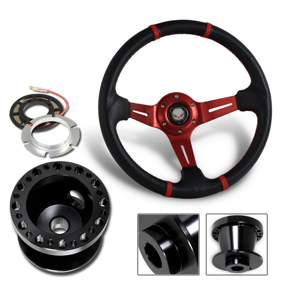 For 1989-1998 Nissan 240SX 350mm Red / Carbon PVC Leather Steering Wheel + Black Aluminum Hub