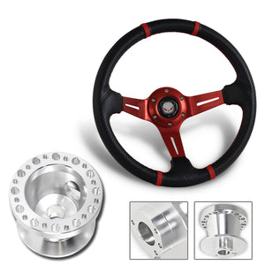 For 1998-2002 Honda Accord 350mm Red / Carbon PVC Leather Steering Wheel + Silver Aluminum Hub