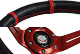 350mm 6-Bolt Hole Carbon Look PVC Leather Red Stitch Grip Deep Dish Red 3-Spoke Drift Style Steering Wheel