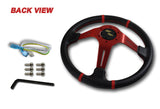 350mm 6-Bolt Hole Carbon Look PVC Leather Red Stitch Grip Deep Dish Red 3-Spoke Drift Style Steering Wheel