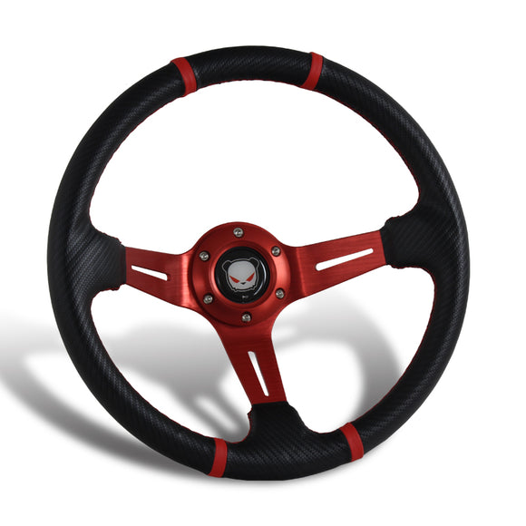 350mm 6-Bolt Hole Carbon Look PVC Leather Red Stitch Grip Deep Dish Red 3-Spoke Drift Style Steering Wheel