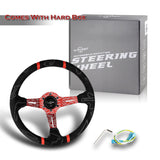 W-Power 350mm 14" Black Alcantara Grip Red Anodized 3-Spoke Double Red Center Stripes 4" Deep Dish Ultra Street Steering Wheel