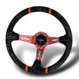 W-Power 350mm 14" Black Alcantara Grip Red Anodized 3-Spoke Double Red Center Stripes 4" Deep Dish Ultra Street Steering Wheel