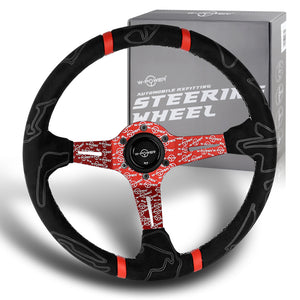 W-Power 350mm 14" Black Alcantara Grip Red Anodized 3-Spoke Double Red Center Stripes 4" Deep Dish Ultra Street Steering Wheel