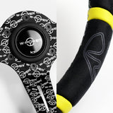 W-Power 350mm 14" Black Alcantara Grip Yellow Anodized 3-Spoke Double Yellow Center Stripes 4" Deep Dish Ultra Street Steering Wheel