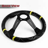 W-Power 350mm 14" Black Alcantara Grip Yellow Anodized 3-Spoke Double Yellow Center Stripes 4" Deep Dish Ultra Street Steering Wheel