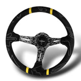 W-Power 350mm 14" Black Alcantara Grip Yellow Anodized 3-Spoke Double Yellow Center Stripes 4" Deep Dish Ultra Street Steering Wheel