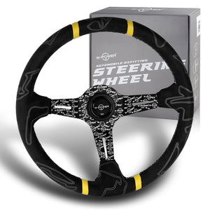 W-Power 350mm 14" Black Alcantara Grip Yellow Anodized 3-Spoke Double Yellow Center Stripes 4" Deep Dish Ultra Street Steering Wheel