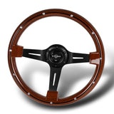 W-Power 14" 355mm 6-Bolt Hole Classic Style Galaxy Dark Wood Grain Grip With Aluminum Finished 3-Spoke 2.5 Inches Deep Dish Steering Wheel -Black Center Spoke