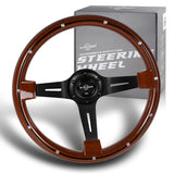 W-Power 14" 355mm 6-Bolt Hole Classic Style Galaxy Dark Wood Grain Grip With Aluminum Finished 3-Spoke 2.5 Inches Deep Dish Steering Wheel -Black Center Spoke