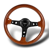 W-Power 13" 330mm 6-Bolt Hole JDM Euro VIP Style Galaxy Dark Brown Classic Wood Grip With Aluminum Finished 3-Spoke 3 Inches Deep Dish Steering Wheel -Black Center Spoke