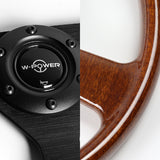 W-Power 14" 350mm Reinforced 6-Bolt Hole JDM Euro VIP Style Polished Galaxy Brown Classic Wood Grain Trim Grip With Aluminum Finished 3-Spoke Steering Wheel -Matte Black Center Spoke