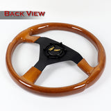 W-Power 14" 350mm Reinforced 6-Bolt Hole JDM Euro VIP Style Polished Galaxy Brown Classic Wood Grain Trim Grip With Aluminum Finished 3-Spoke Steering Wheel -Matte Black Center Spoke