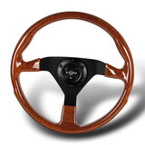 W-Power 14" 350mm Reinforced 6-Bolt Hole JDM Euro VIP Style Polished Galaxy Brown Classic Wood Grain Trim Grip With Aluminum Finished 3-Spoke Steering Wheel -Matte Black Center Spoke