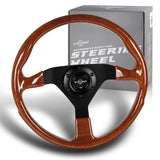 W-Power 14" 350mm Reinforced 6-Bolt Hole JDM Euro VIP Style Polished Galaxy Brown Classic Wood Grain Trim Grip With Aluminum Finished 3-Spoke Steering Wheel -Matte Black Center Spoke