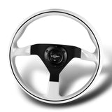 W-Power 14" 350mm Reinforced 6-Bolt Hole JDM Euro VIP Style Polished Galaxy White Classic Wood Grain Trim Grip With Aluminum Finished 3-Spoke Steering Wheel -Matte Black Center Spoke