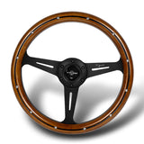 W-Power 14" 350mm 6-Bolt Hole Classic Style Polished Dark Wood Grain Grip With Aluminum Finished 3-Spoke Steering Wheel -Black Center Spoke