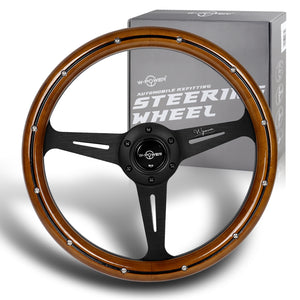 W-Power 14" 350mm 6-Bolt Hole Classic Style Polished Dark Wood Grain Grip With Aluminum Finished 3-Spoke Steering Wheel -Black Center Spoke