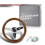 W-Power 14" 350mm 6-Bolt Hole Classic Style Polished Dark Wood Grain Grip With Aluminum Finished 3-Spoke Steering Wheel -Chrome Center Spoke