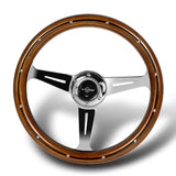 W-Power 14" 350mm 6-Bolt Hole Classic Style Polished Dark Wood Grain Grip With Aluminum Finished 3-Spoke Steering Wheel -Chrome Center Spoke