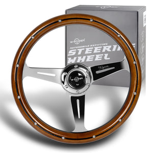 W-Power 14" 350mm 6-Bolt Hole Classic Style Polished Dark Wood Grain Grip With Aluminum Finished 3-Spoke Steering Wheel -Chrome Center Spoke