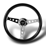 W-Power 14" 350mm 6-Bolt Hole JDM Euro VIP Style Galaxy Black Classic Wood Grain Trim Grip With Aluminum Finished 3-Spoke Steering Wheel -Black Sparkled Wood Grip/Chrome Center Spoke