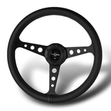 W-Power 14" 350mm 6-Bolt Hole JDM Euro VIP Style Classic Black Leather Trim Grip With Aluminum Finished 3-Spoke Steering Wheel -Black Leather Grip/Black Center Spoke