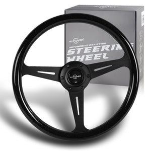 W-Power 14" 350mm 6-Bolt Hole JDM Euro VIP Style Galaxy Black Wood Grain Trim Grip With Aluminum Finished 3-Spoke Steering Wheel -Black Sparkled Wood Grip/Black Center Spoke