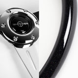 W-Power 14" 350mm 6-Bolt Hole JDM Euro VIP Style Galaxy Black Wood Grain Trim Grip With Aluminum Finished 3-Spoke Steering Wheel -Black Sparkled Wood Grip/Chrome Center Spoke