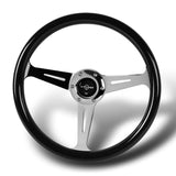 W-Power 14" 350mm 6-Bolt Hole JDM Euro VIP Style Galaxy Black Wood Grain Trim Grip With Aluminum Finished 3-Spoke Steering Wheel -Black Sparkled Wood Grip/Chrome Center Spoke