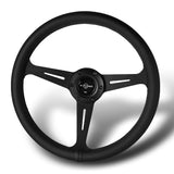 W-Power 14" 350mm 6-Bolt Hole JDM Euro VIP Style Classic Black Leather Trim Grip With Aluminum Finished 3-Spoke Steering Wheel -Black Leather Grip/Black Center Spoke