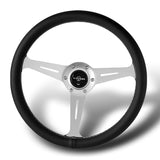 W-Power 14" 350mm 6-Bolt Hole JDM Euro VIP Style Classic Black Leather Trim Grip With Aluminum Finished 3-Spoke Steering Wheel -Black Leather Grip/Silver Center Spoke