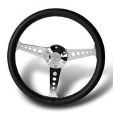 W-Power 14" 350mm 6-Bolt Hole JDM Euro VIP Style Galaxy Black Leather White Stitch Grip With Aluminum Finished Chrome Horn Button 3-Spoke Steering Wheel