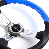 W-Power 13.5" 343mm 6-Bolt Hole JDM Euro VIP Style Blue Crystal Bubble With Black Leather Grip Aluminum Finished 3-Spoke 3 Inch Deep Dish Steering Wheel